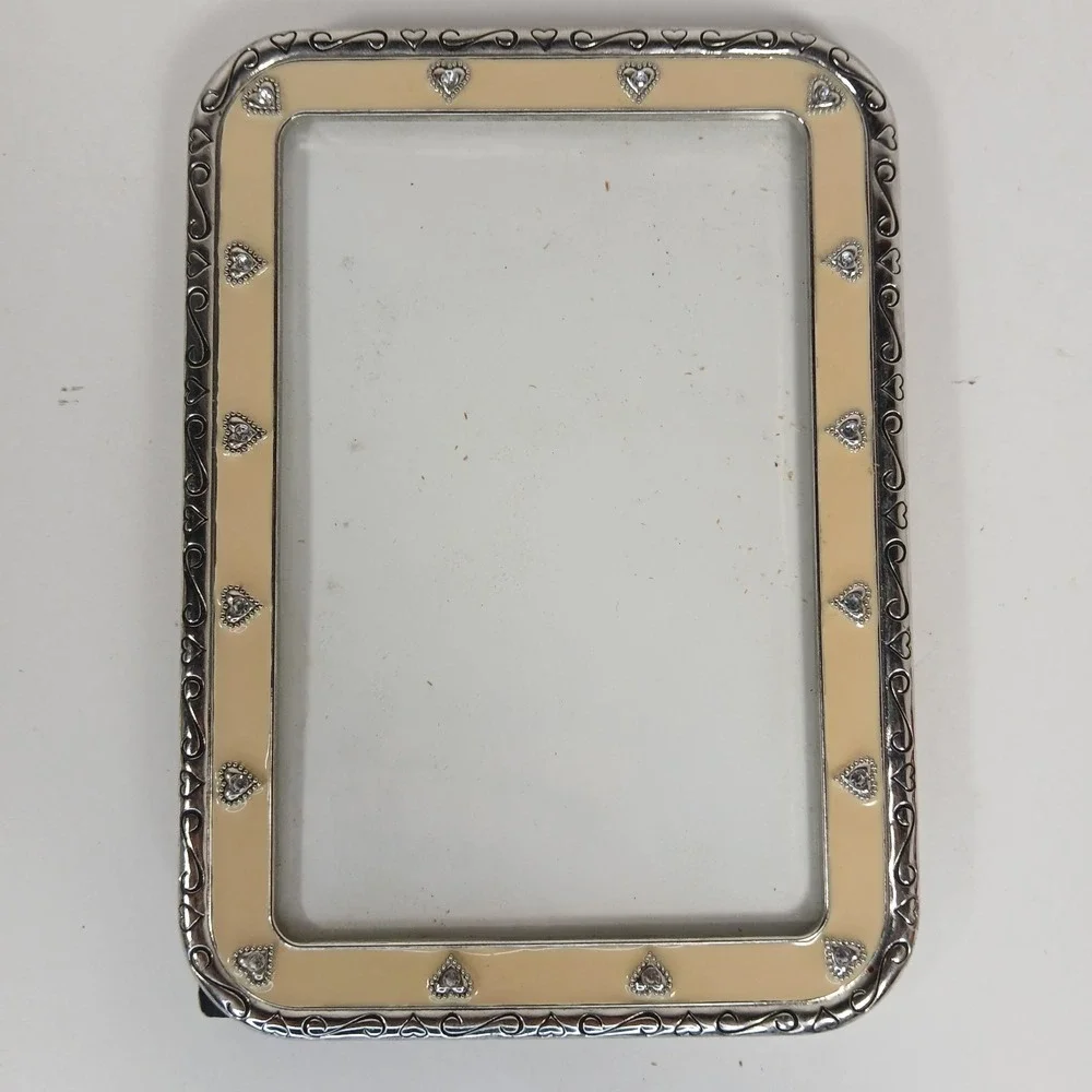 Photo Frame By Elsal Beige Enamel/Silver Tone With Hearts Rhinestones Swirl 5x7